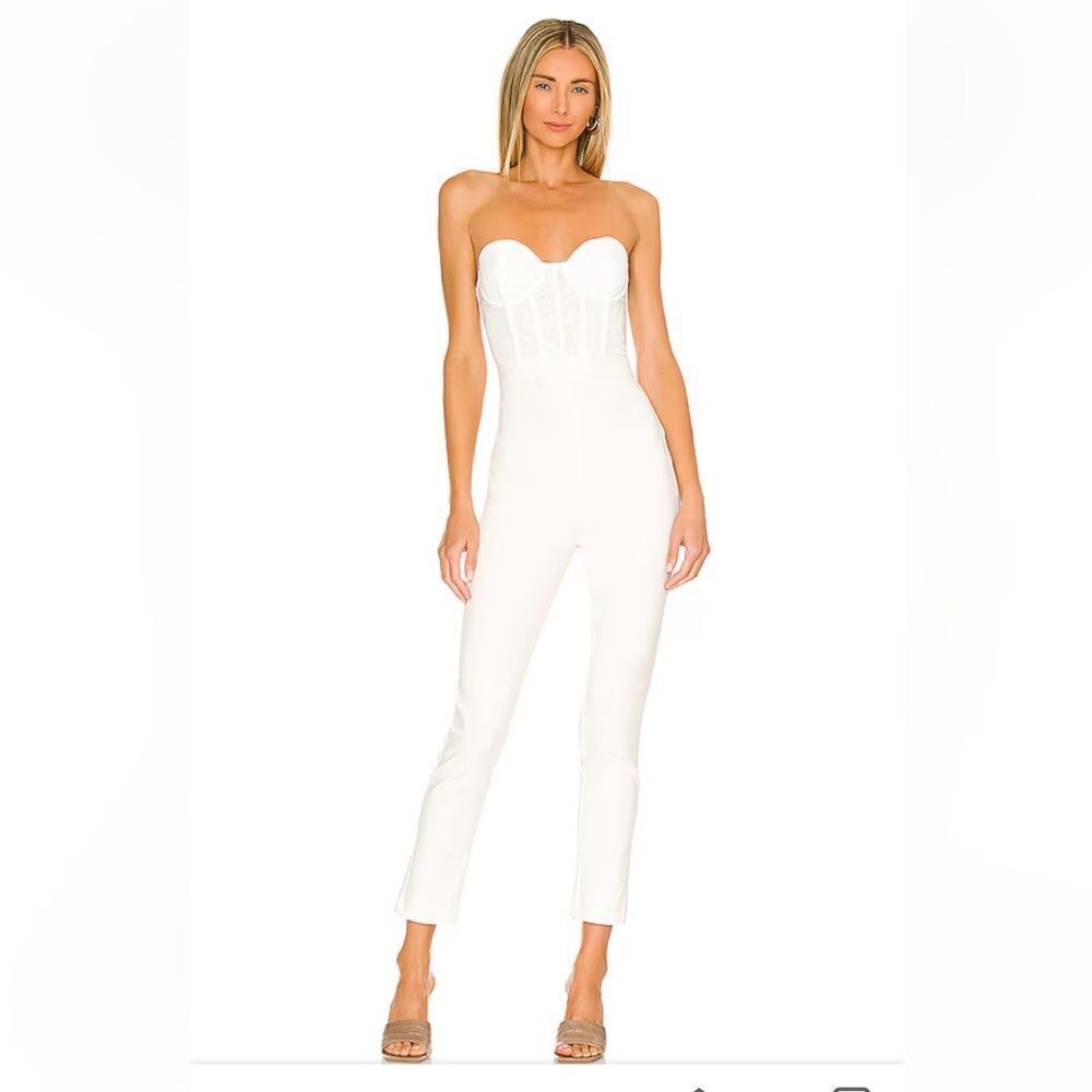 NBD Hastings jumpsuit white corset boned bustier strapless one piece Revolve XL